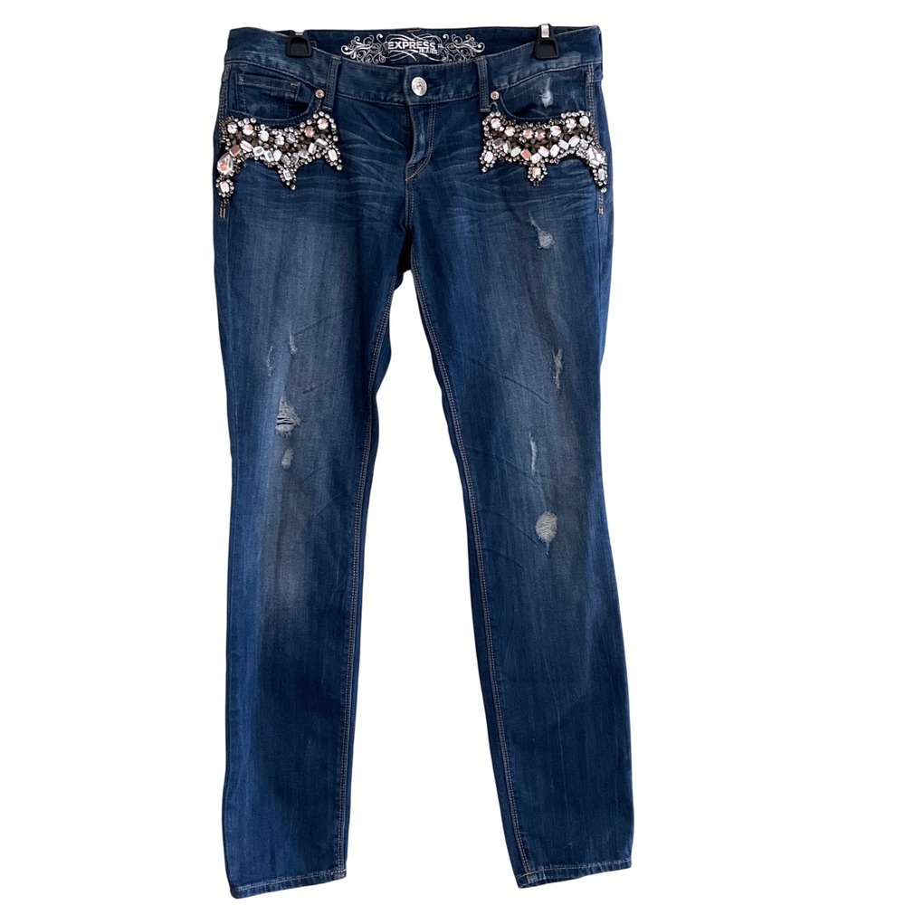 Express Jeans‎ Womens Blue Low Rise Skinny Distressed Rhinestone Embellished Y2K